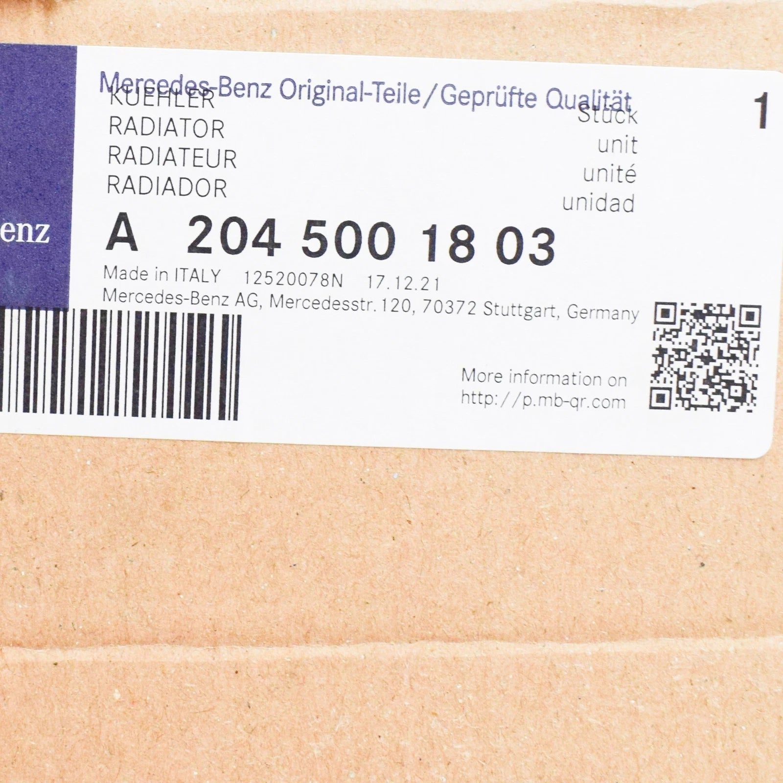 NEW MERCEDES-BENZ E C207 LOW TEMPERATURE RADIATOR A2045001803 ORIGINAL