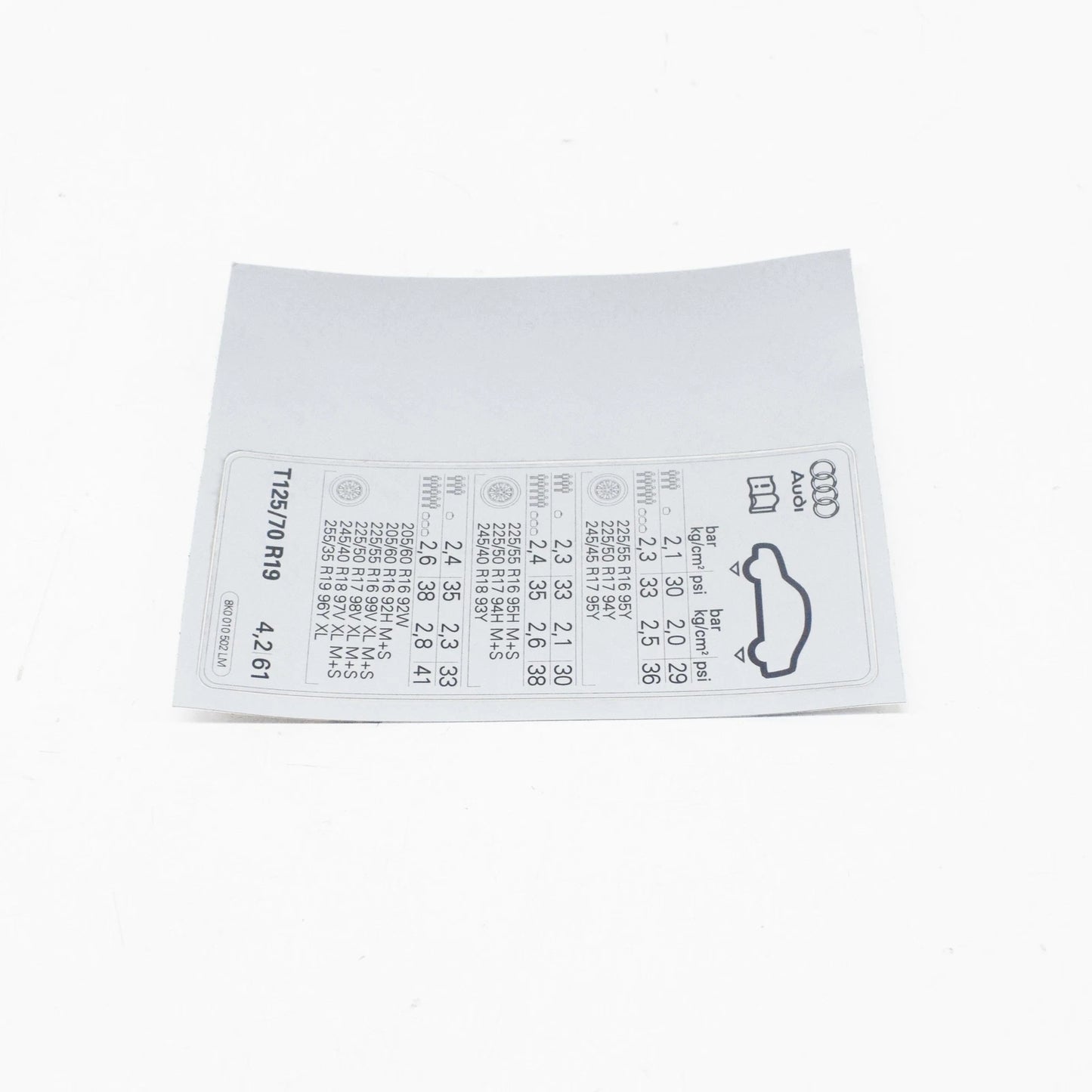 NEW AUDI A4 B8 TYRE PRESSURE DATA PLATE 8K0010502LM ORIGINAL