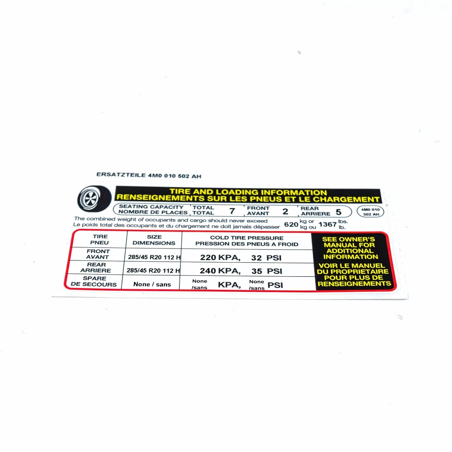 NEW AUDI Q7 4M TYRE PRESSURE NOTICE LABEL 4M0010502AH ORIGINAL