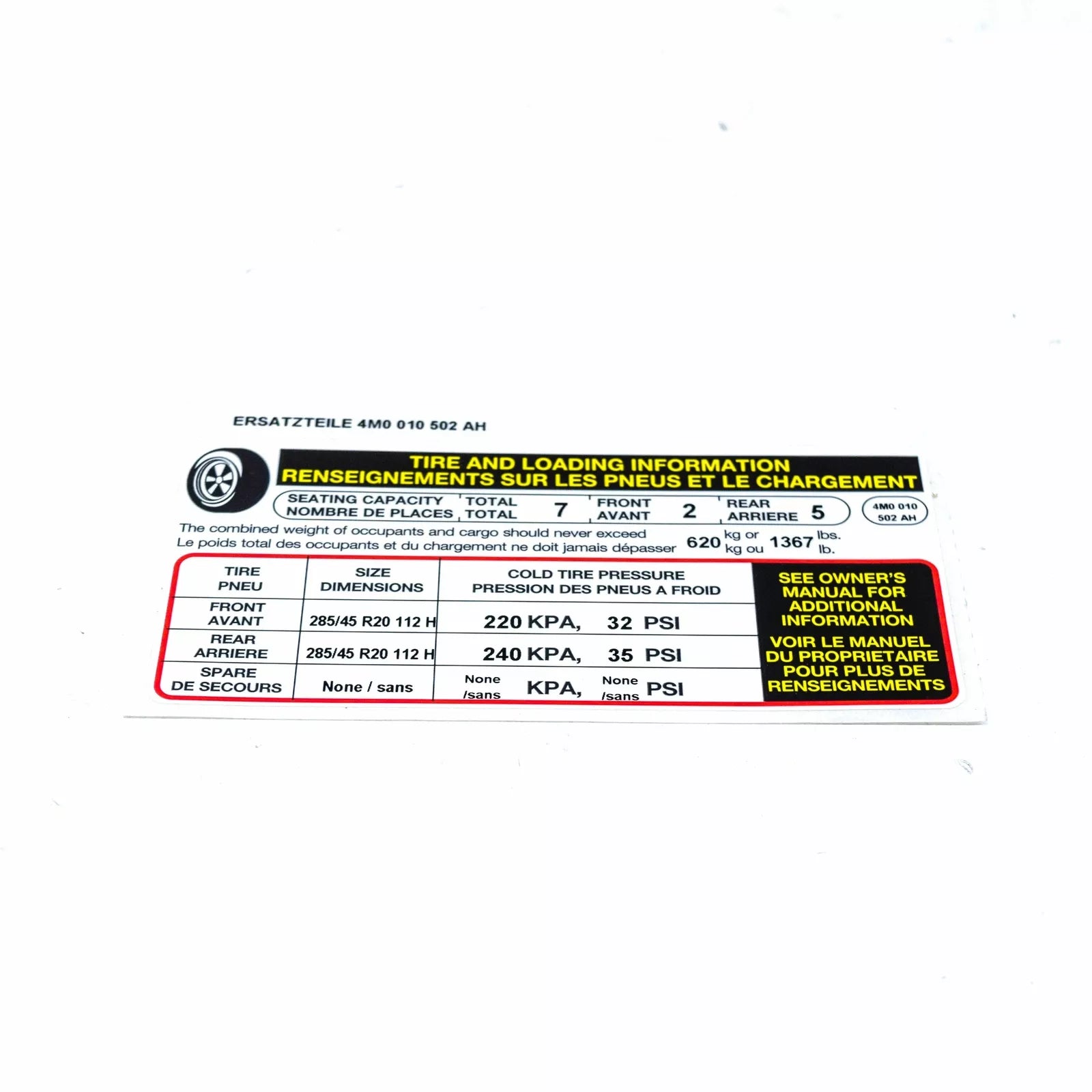 NEW AUDI Q7 4M TYRE PRESSURE NOTICE LABEL 4M0010502AH ORIGINAL