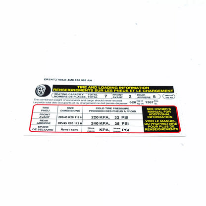 NEW AUDI Q7 4M TYRE PRESSURE NOTICE LABEL 4M0010502AH ORIGINAL