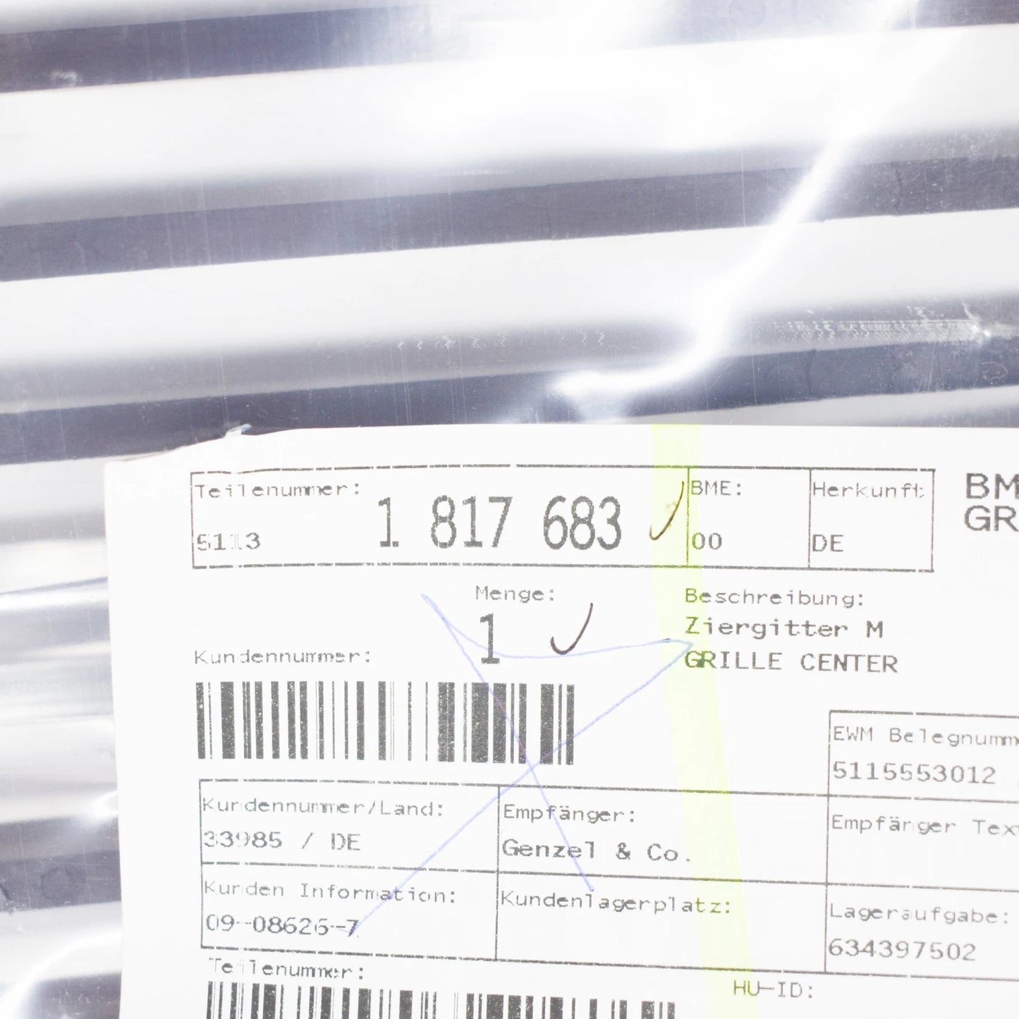 NEW BMW 5 E12 FRONT BUMPER RADIATOR GRILLE 51131817683 ORIGINAL