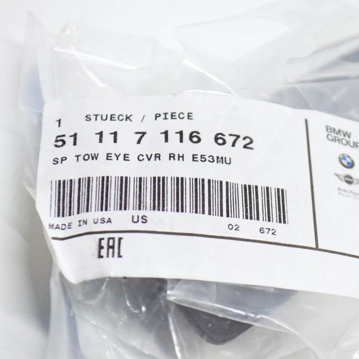 NEW BMW X5 E53 FRONT BUMPER RIGHT TOW HOOK EYE CAP COVER 51117116672 ORIGINAL