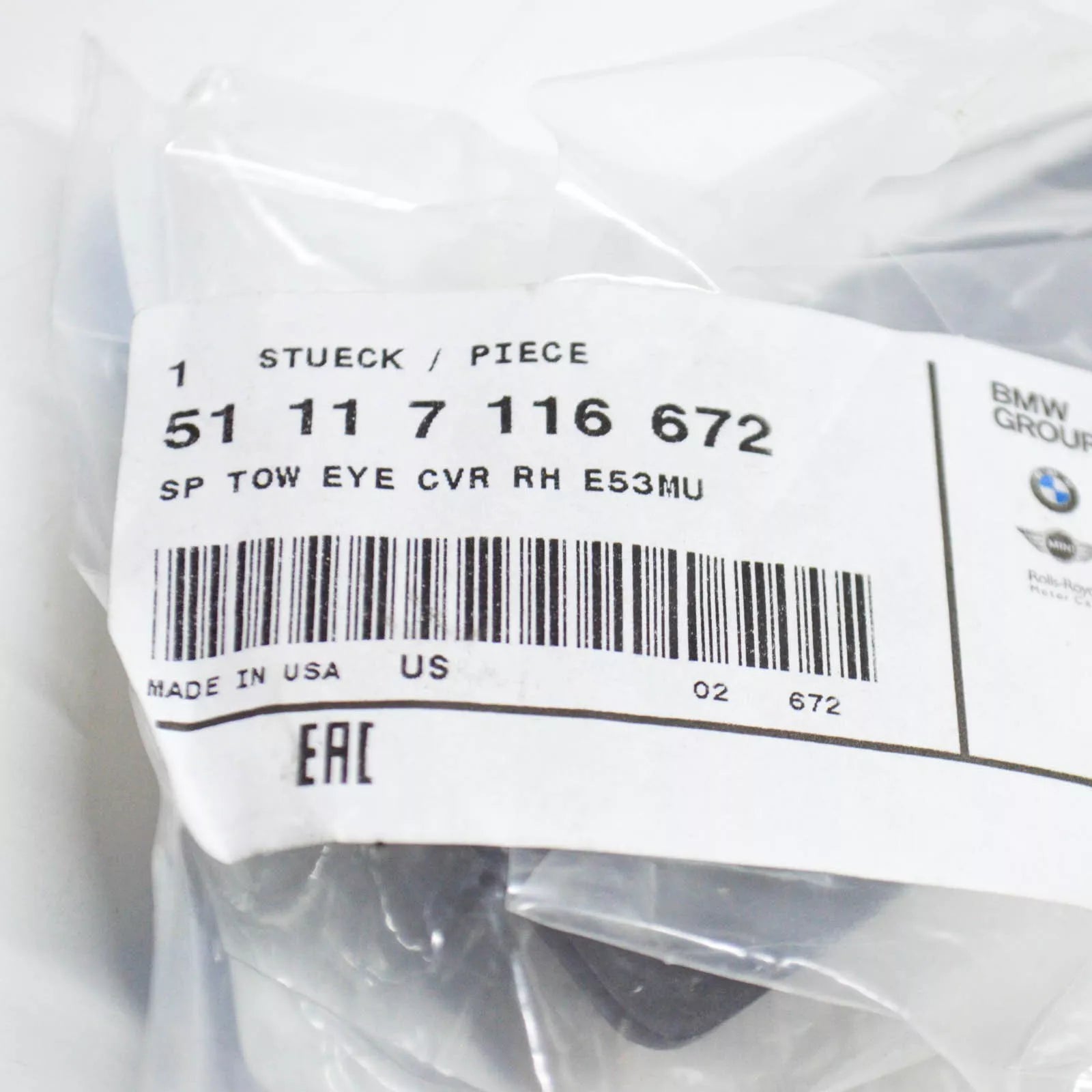 NEW BMW X5 E53 FRONT BUMPER RIGHT TOW HOOK EYE CAP COVER 51117116672 ORIGINAL