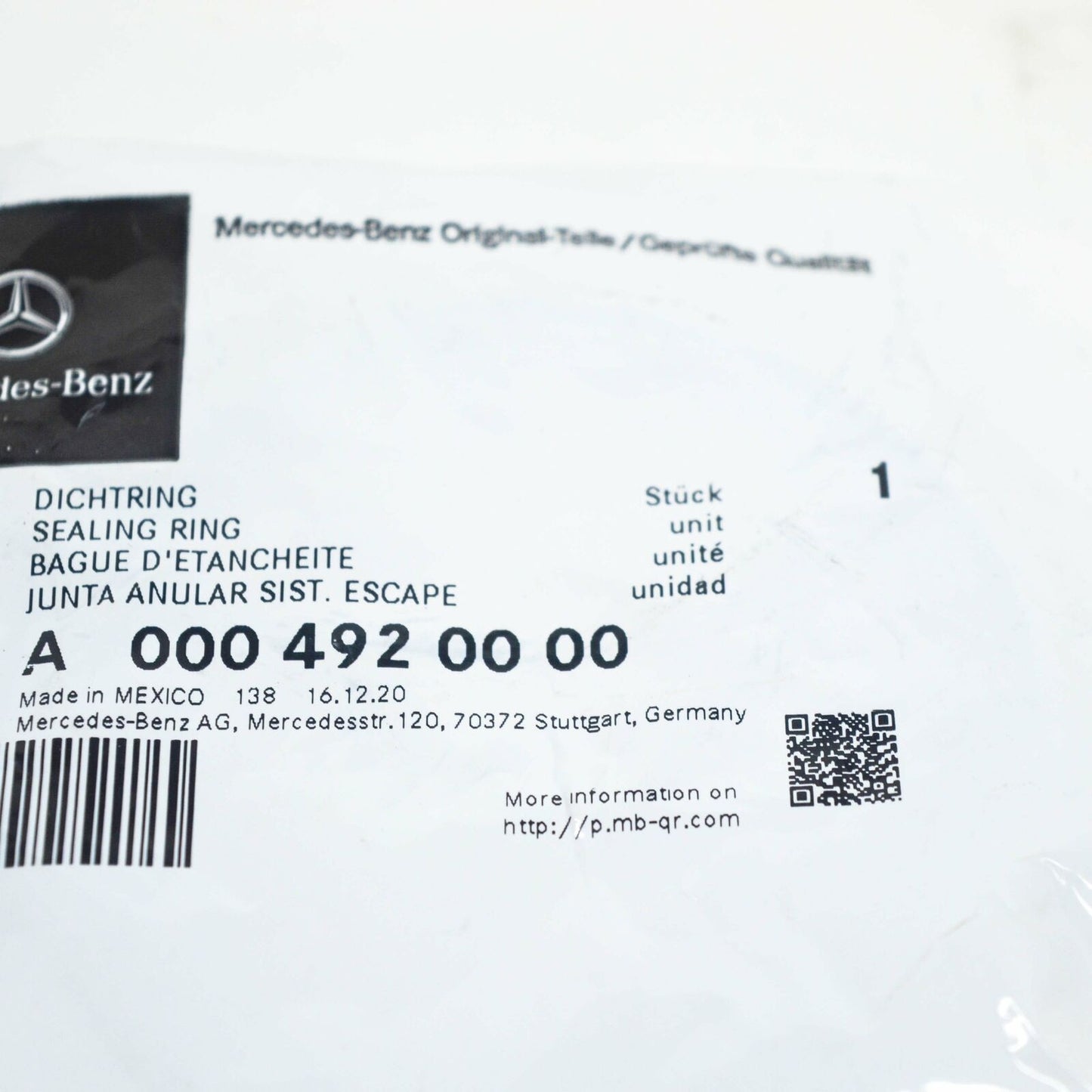 NEW MB E W213 EXHAUST CATALYTIC TO TURBOCHARGER O-RING A0004920000 ORIGINAL