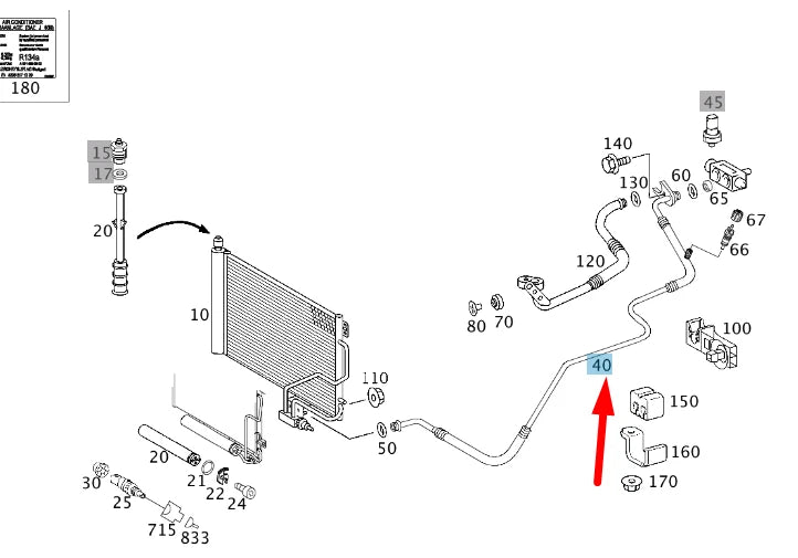 NEW MB CLK C209 CONDENSER TO EXPANSION VALVE PIPING LHD A2098300015 ORIGINAL