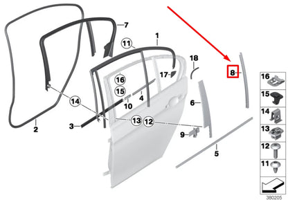 NEW BMW 3 F31 REAR LEFT WINDOW GUIDE WEB COVER 51357263385 7263385 ORIGINAL