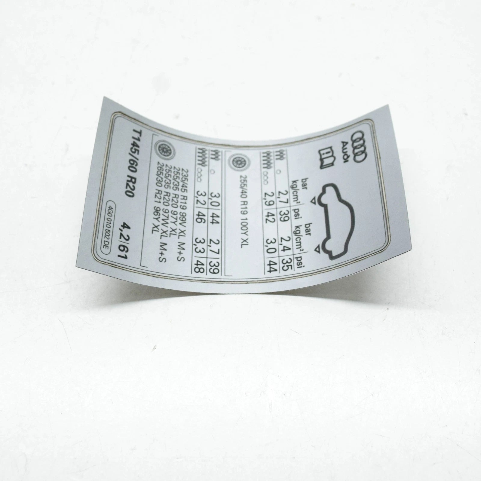 NEW AUDI A6 AVANT C7 TYRE INFLATION PRESSURE LABEL 4G0010502DE ORIGINAL