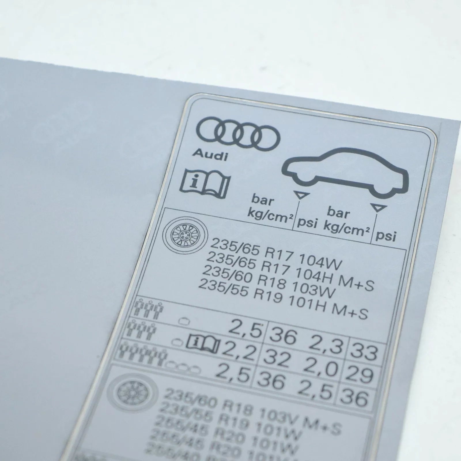 NEW AUDI Q5 FY 80A TYRE PRESSURE DATA PLATE STICKER 80A010502L ORIGINAL