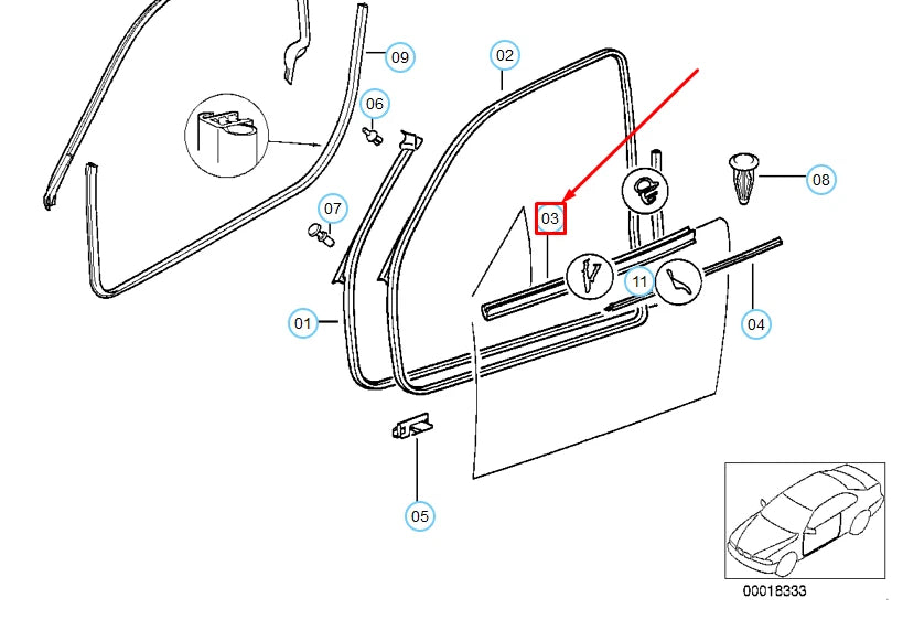 NEW BMW Z3 E36 FRONT RIGHT DOOR WINDOW INNER CHANNEL COVER 51418397818 ORIGINAL