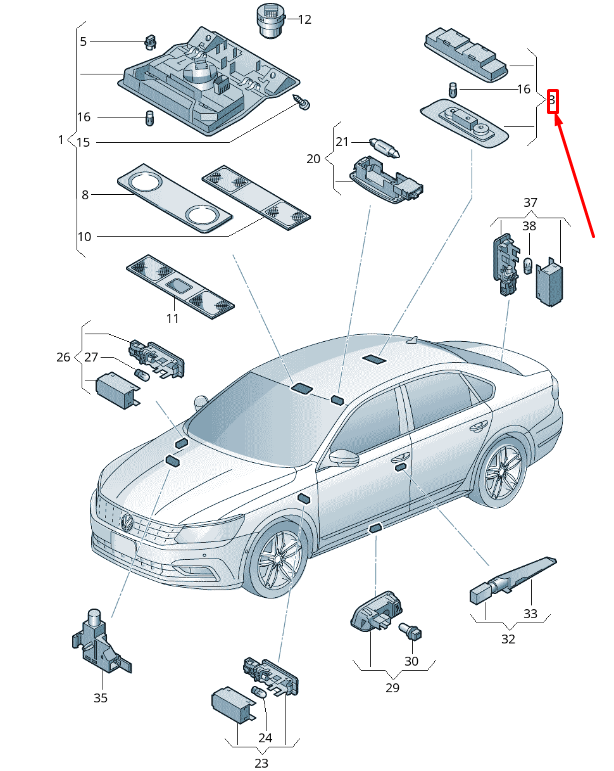 NEW VW PASSAT B8 REAR OVER HEAD INTERIOR READING LIGHT 3C0947291FY20 ORIGINAL