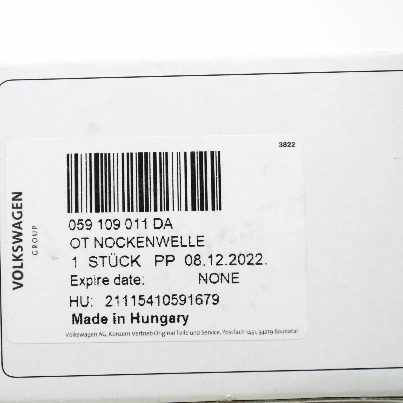 NEW VOLKSWAGEN AMAROK INLET CAMSHAFT 059109011DA ORIGINAL