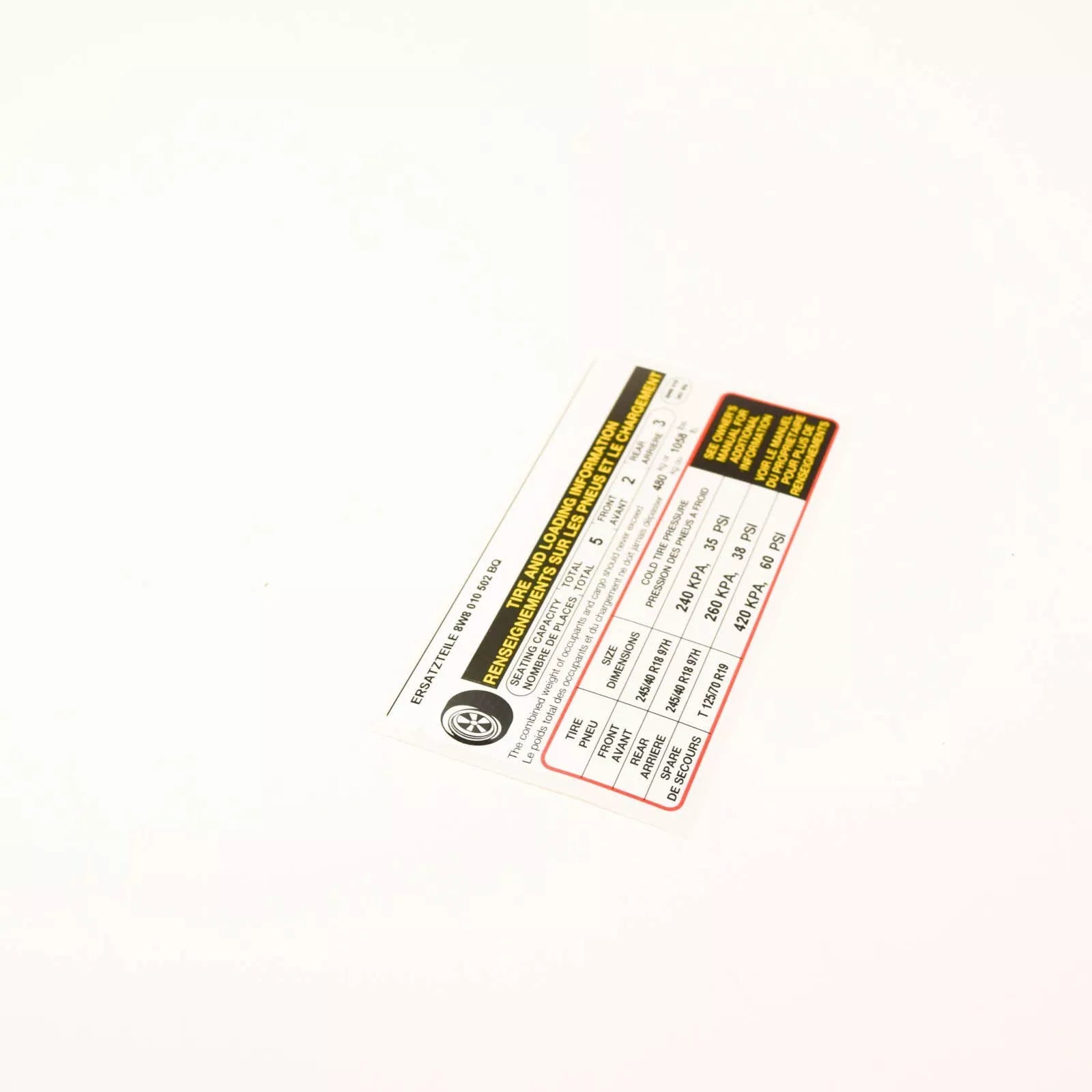 NEW AUDI A5 SPORTBACK 8W6 TIRE LABEL 8W8010502BQ ORIGINAL