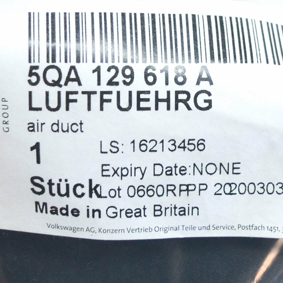 NEW VOLKSWAGEN TOURAN 5T AIR CLEAN BOX INTAKE TUBE DUCT 5QA129618A ORIGINAL