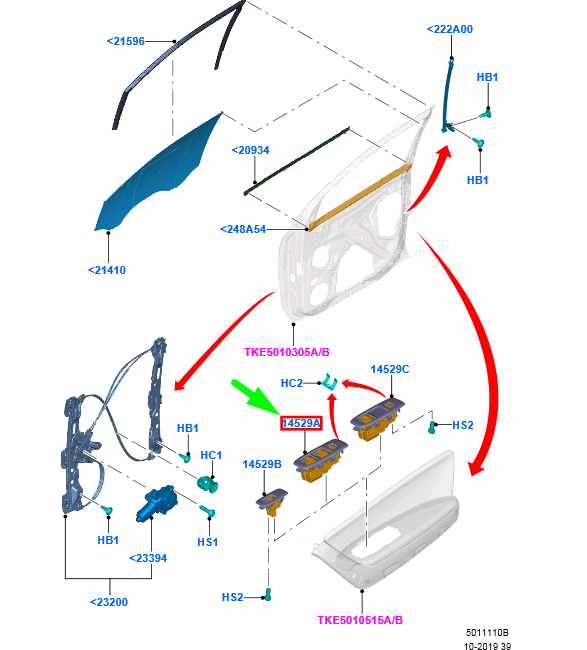 new ford ranger t6 mk1 front right door window switch rhd 2029514 original