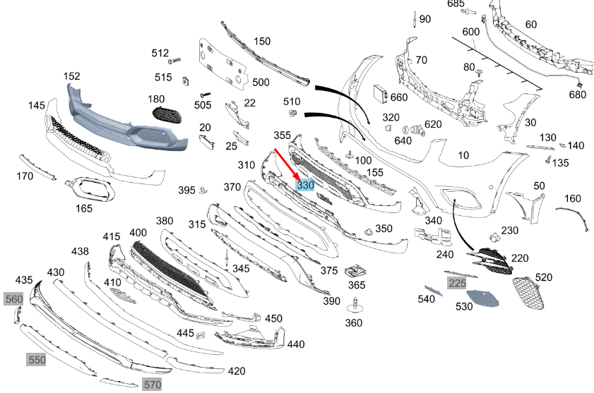 NEW MB GLC C253 AMG FRONT BUMPER RIGHT BASIC CARRIER COVER A2538855200 ORIGINAL