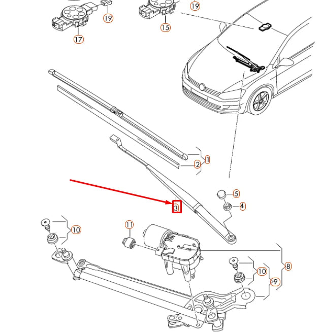 NEW VOLKSWAGEN GOLF MK7 FRONT LEFT AERO WIPER ARM LHD 5GM955409 ORIGINAL
