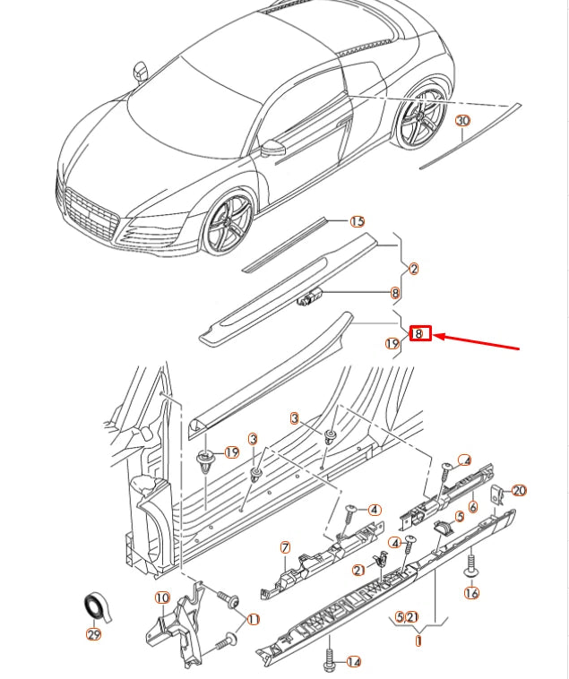NEW AUDI R8 42 LEFT INNER DOOR SILL TRIM STRIP 420853905A6PS ORIGINAL
