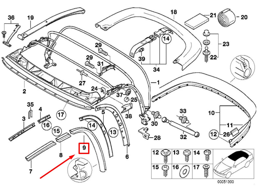 NEW BMW Z3 COUPE E36 REAR RIGHT WINDOW GUIDE 54318397662 8397662 ORIGINAL