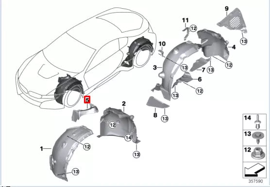 NEW BMW I8 I12 FRONT RIGHT TOP WHEEL ARCH SUPPORT COVER 51717375708 ORIGINAL