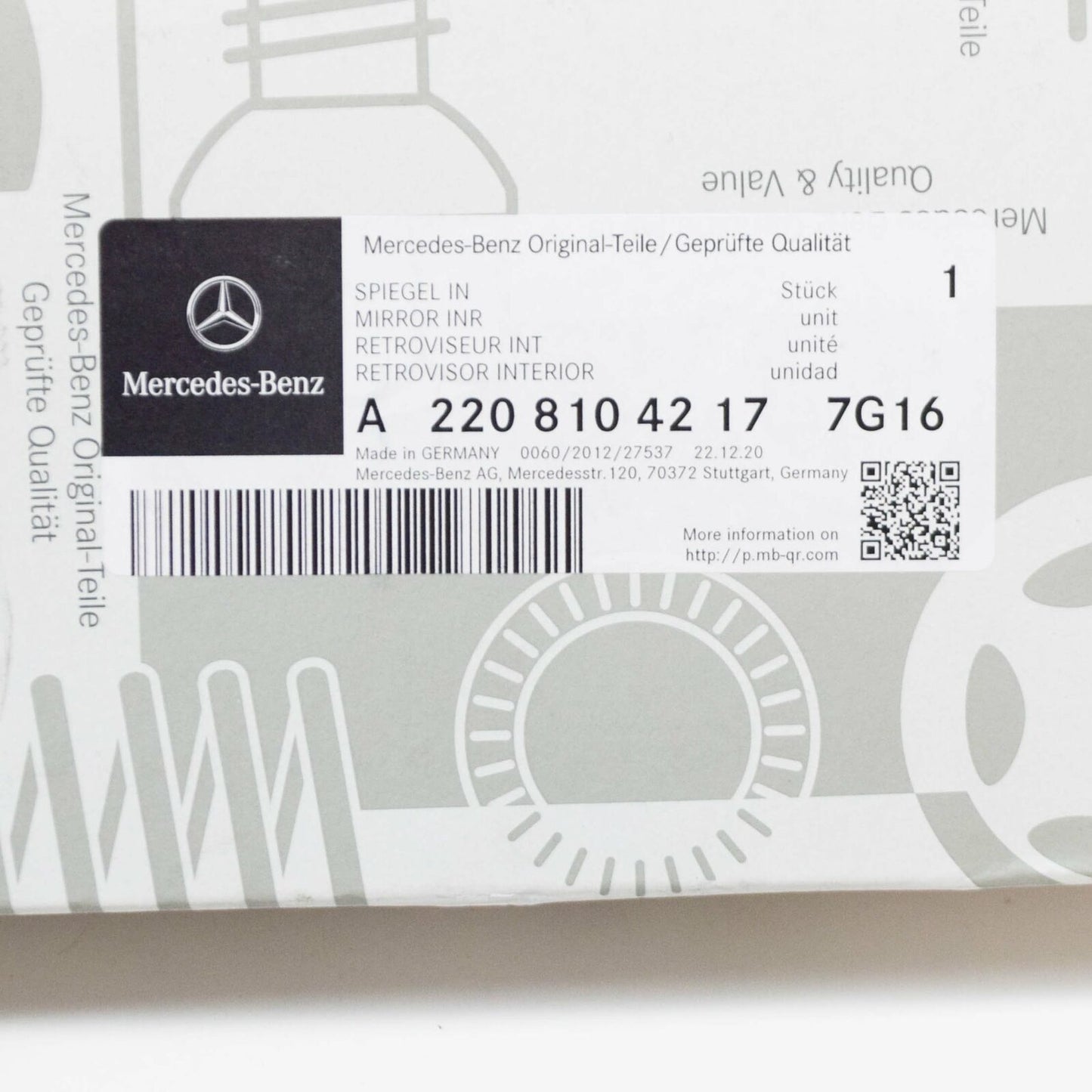 NEW MERCEDES-BENZ S W222 RIGHT INSIDE MIRROR A22081042177G16 ORIGINAL