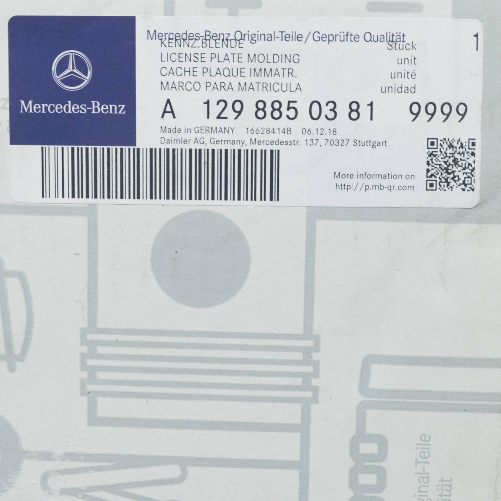 NEW MERCEDES-BENZ SL R129 FRONT LICENCE PLATE MOLDING A12988503819999 ORIGINAL