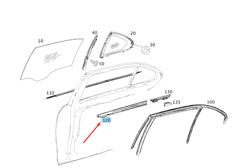 new mb c w204 rear left window inside front sealing rail a2047350365 original
