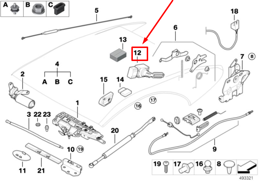 new bmw 6 cabrio e64 folding top main pillar sensor 8492773 54348492773 original