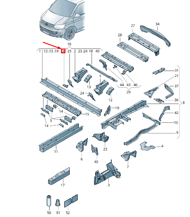 new vw transporter vi t6 rear frame abutment 7h0803823a original