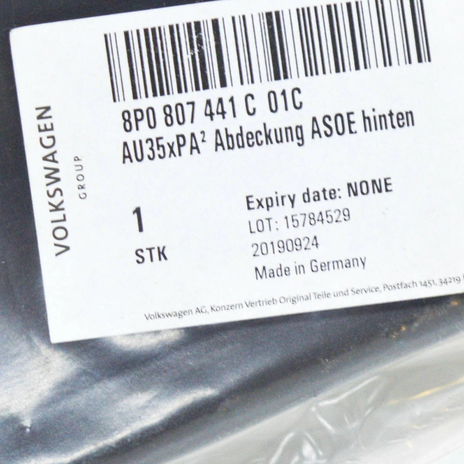 NEW AUDI A3 8P REAR BUMPER TOW HOOK EYE CAP COVER 8P0807441C01C ORIGINAL