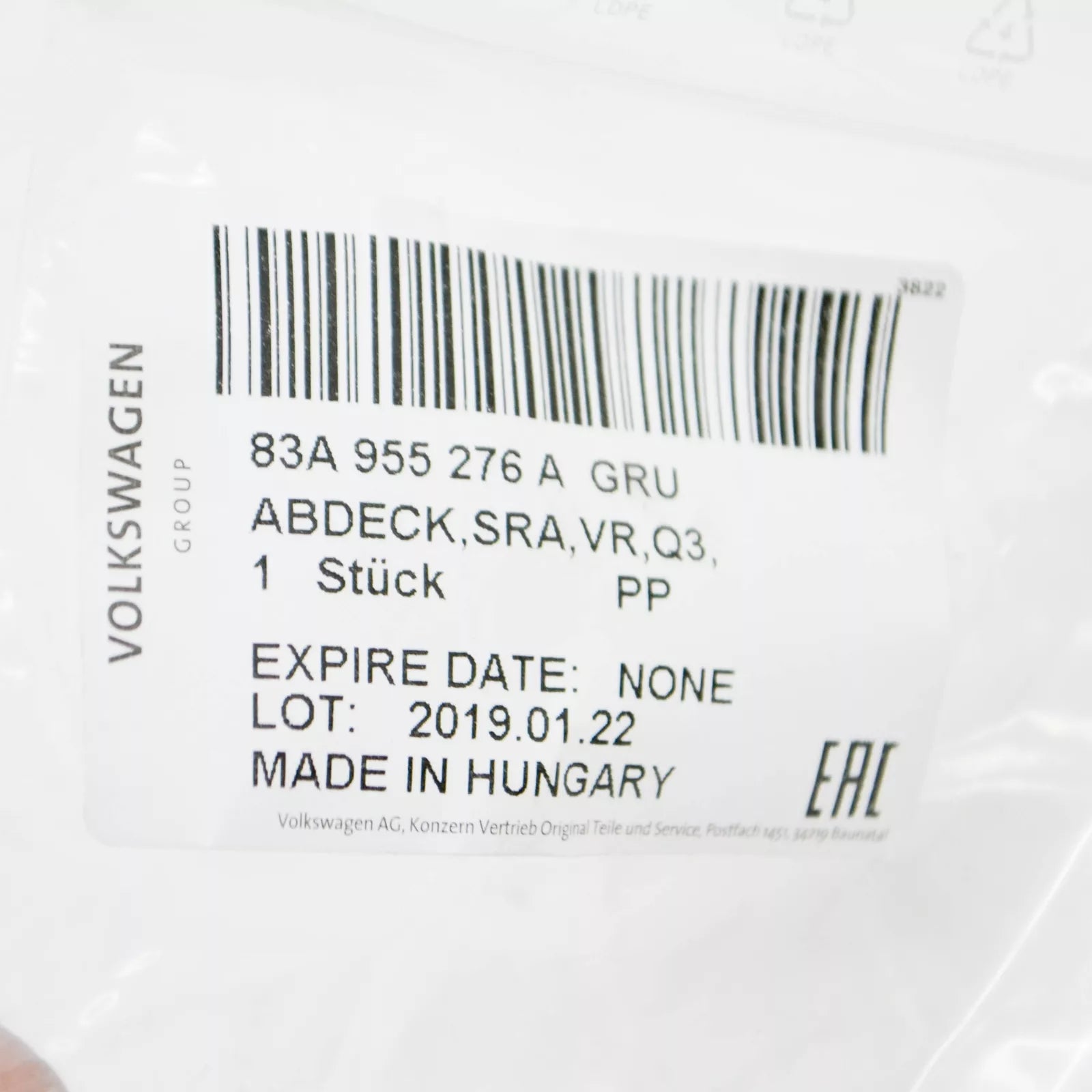 NEW AUDI Q3 F3 FRONT RIGHT SIDE HEADLAMP WASHER COVER CAP 83A955276AGRU ORIGINAL