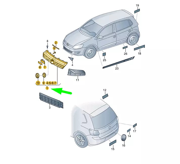 NEW VOLKSWAGEN POLO 6R MK5 RADIATOR GRILLE 6C0853651RYP ORIGINAL