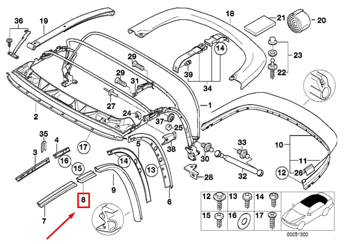NEW BMW Z3 COUPE E36 LEFT CENTER WINDOW GUIDE 54318397659 8397659 ORIGINAL