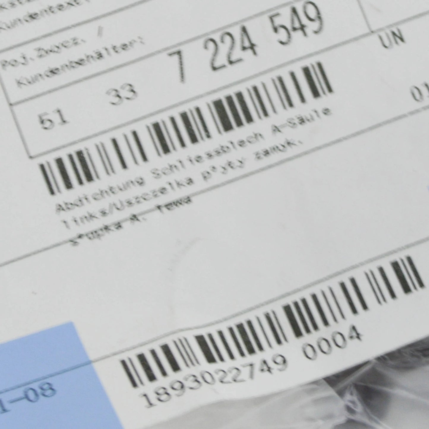 NEW BMW 5 F10 A-PILLAR LEFT CLOSING PANEL SEAL 51337224549 ORIGINAL