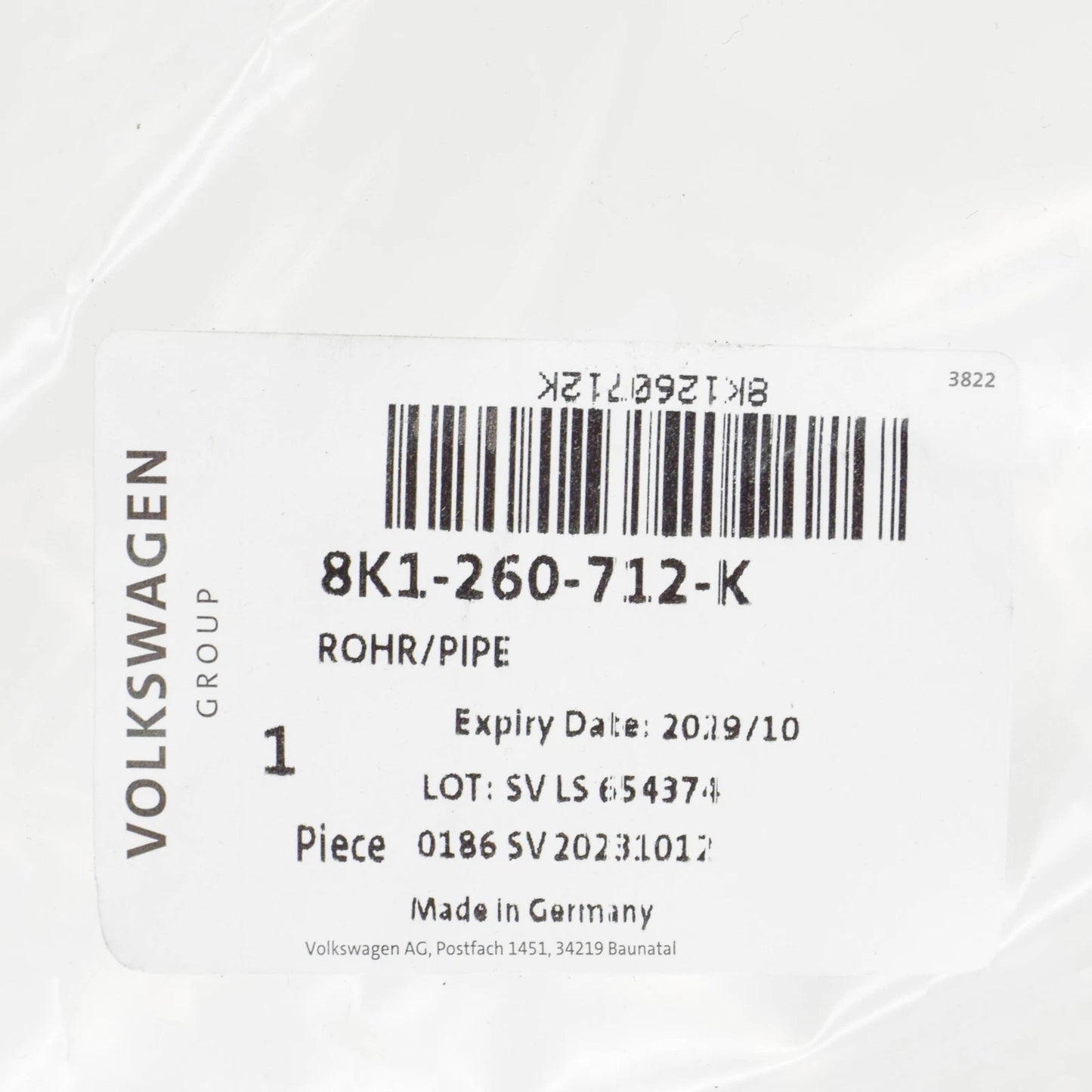 NEW AUDI A4 AVANT B8 A/C REFRIGERANT PIPE LHD 8K1260712K ORIGINAL