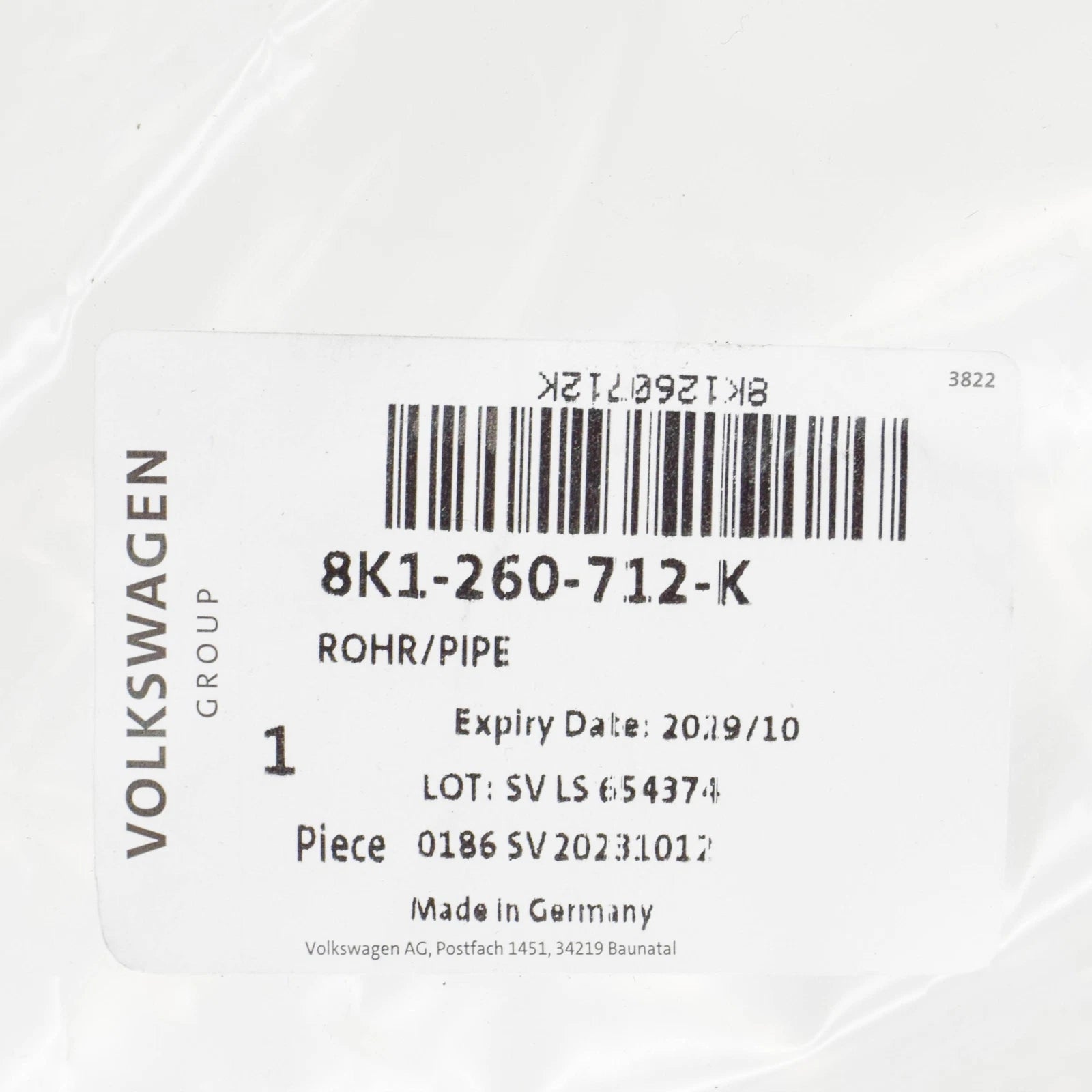 NEW AUDI A4 AVANT B8 A/C REFRIGERANT PIPE LHD 8K1260712K ORIGINAL