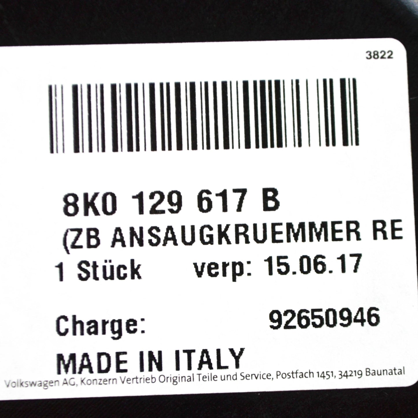 NEW AUDI A4 B8 AIR INTAKE PIPE 8K0129617B ORIGINAL