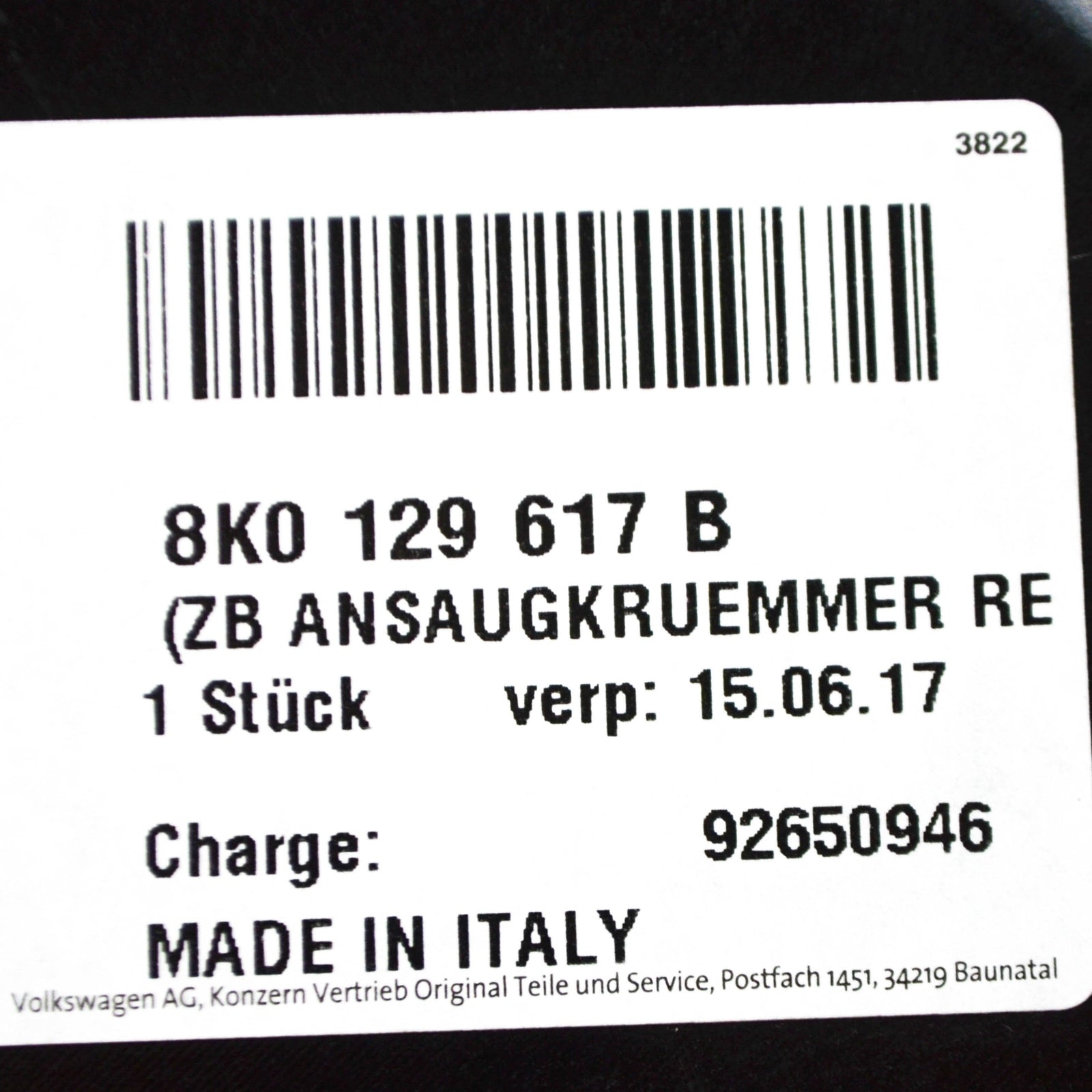 NEW AUDI A4 B8 AIR INTAKE PIPE 8K0129617B ORIGINAL