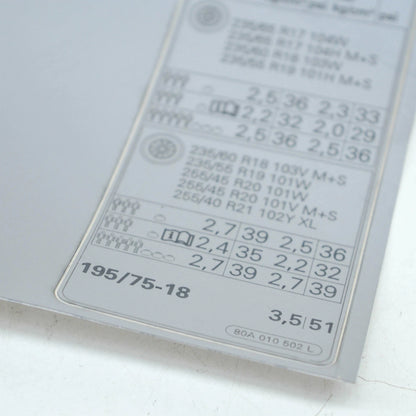 NEW AUDI Q5 FY 80A TYRE PRESSURE DATA PLATE STICKER 80A010502L ORIGINAL