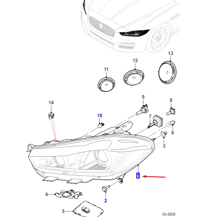 new jaguar xe x760 front left headlight rhd t4n24245 original