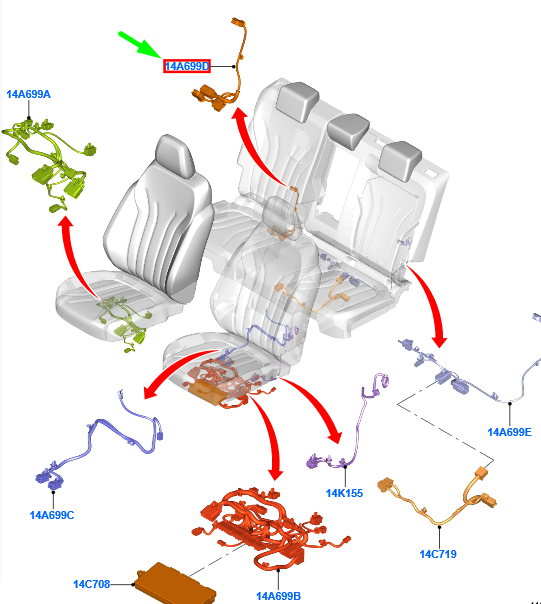 new ford kuga mk3 rear right seat wire assy 2538415 lx6t-14b686-eaae original