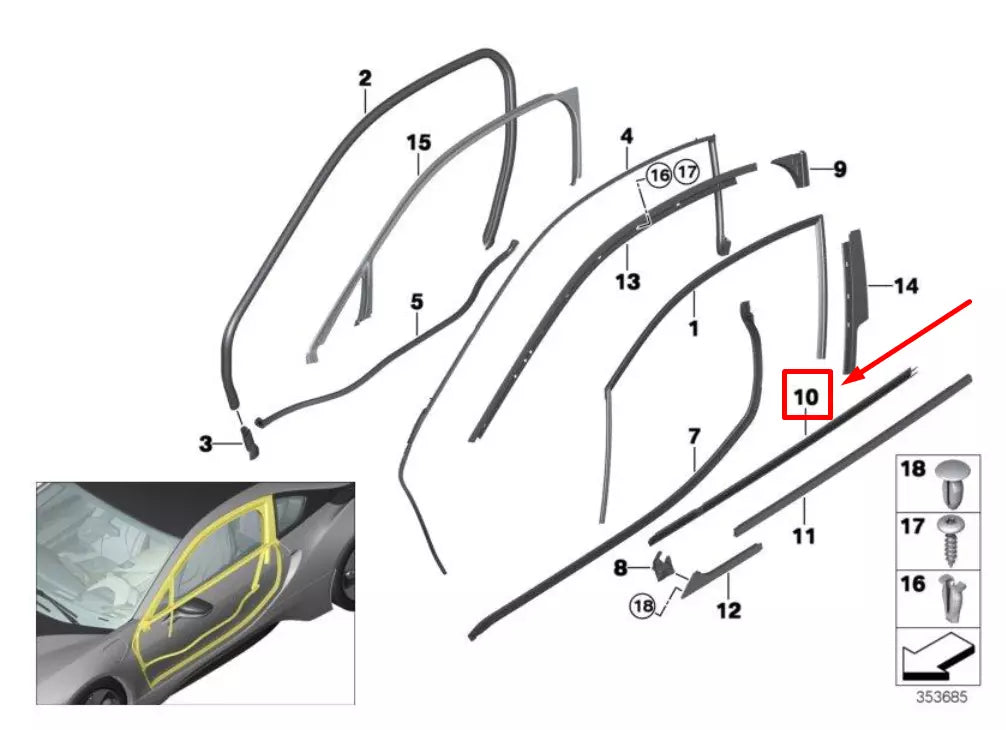 NEW BMW I8 I12 FRONT LEFT DOOR WINDOW STRIP 7312989 51337312989 ORIGINAL