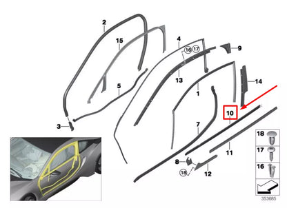 NEW BMW I8 I12 FRONT LEFT DOOR WINDOW STRIP 7312989 51337312989 ORIGINAL
