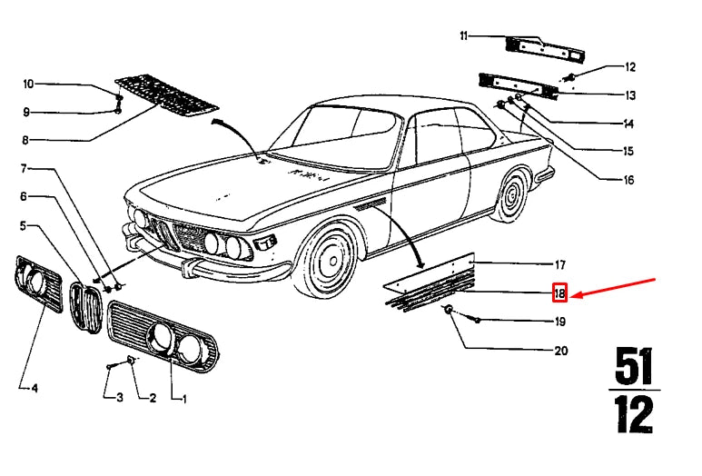 NEW BMW E9 COUPE FRONT WING BLACK GRILLE RIGHT 51131827278 ORIGINAL