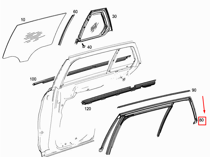 new mercedes-benz c w205 rear right door window guide rail a2057355600 original