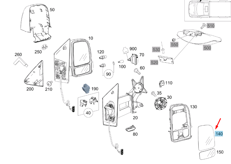 NEW MB SPRINTER W907 FRONT RIGHT DOOR MIRROR UPPER GLASS A9108112600 ORIGINAL