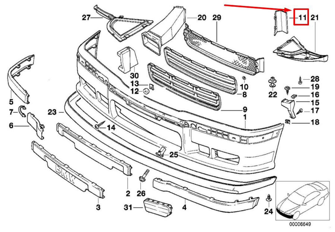new bmw 3 compact e36 front bumper sealing m-technic 2251389 51112251389