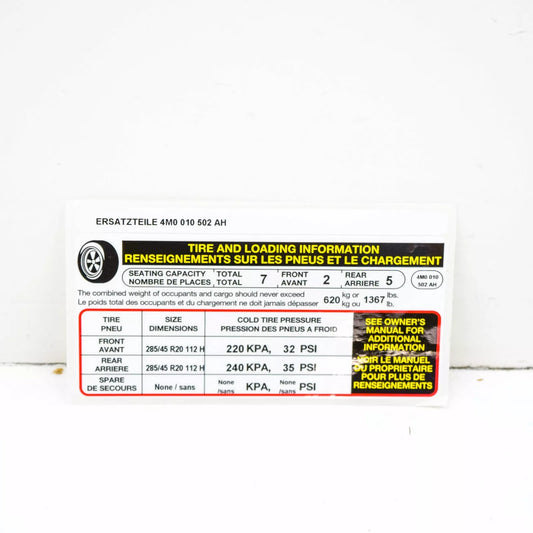 NEW AUDI Q7 4M TYRE PRESSURE NOTICE LABEL 4M0010502AH ORIGINAL