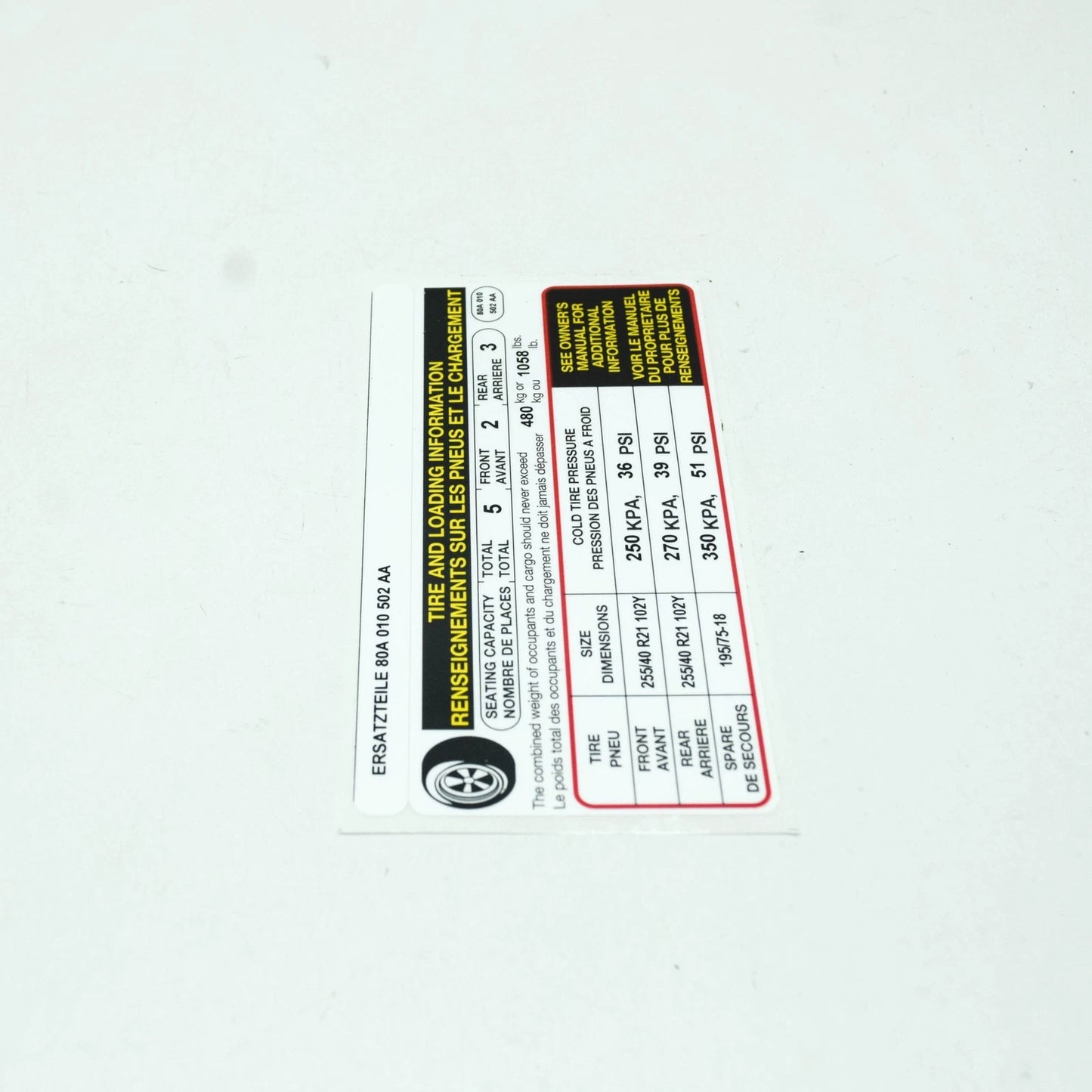 NEW AUDI Q5 FY 80A TYRE PRESSURE DATA PLATE 80A010502AA ORIGINAL