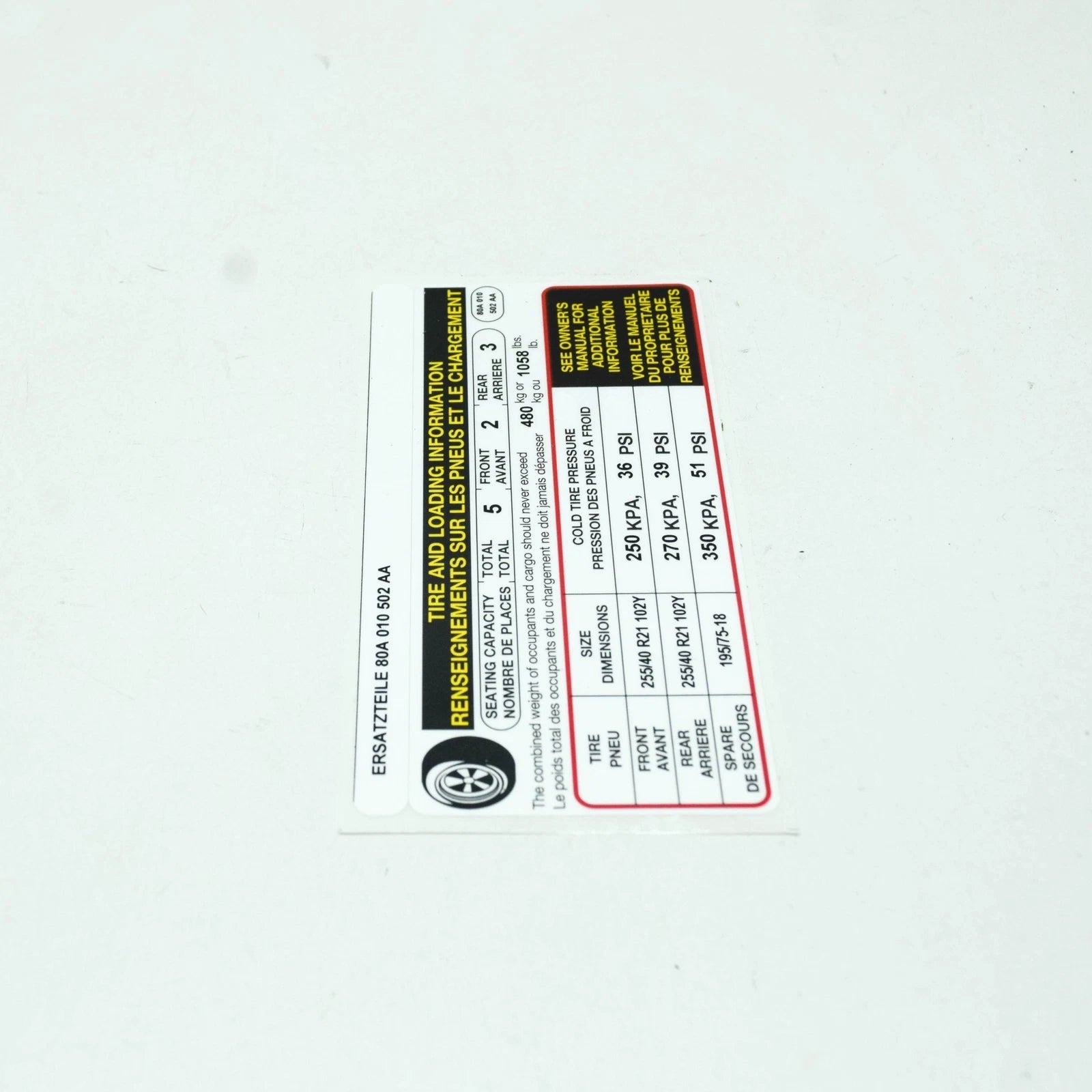 NEW AUDI Q5 FY 80A TYRE PRESSURE DATA PLATE 80A010502AA ORIGINAL